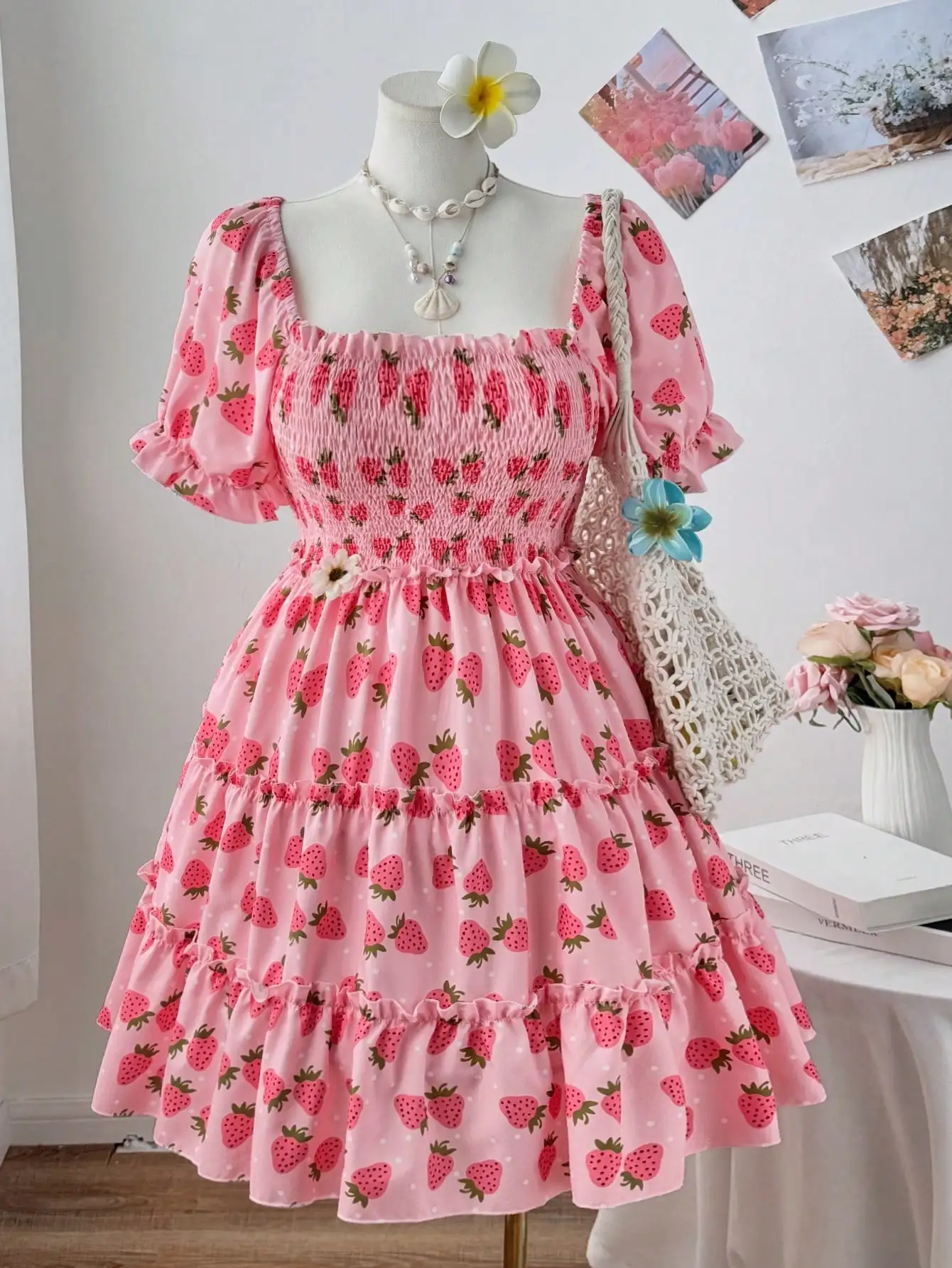 

Pink Strawberry Print Smocked Square Neck Ruffle Tiered Dress