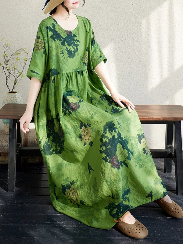 

n Cotton Linen Long Summer Dr round Ne ort Sve Loose Comfortable plus Size een Maxi Dr Casual Commute S...