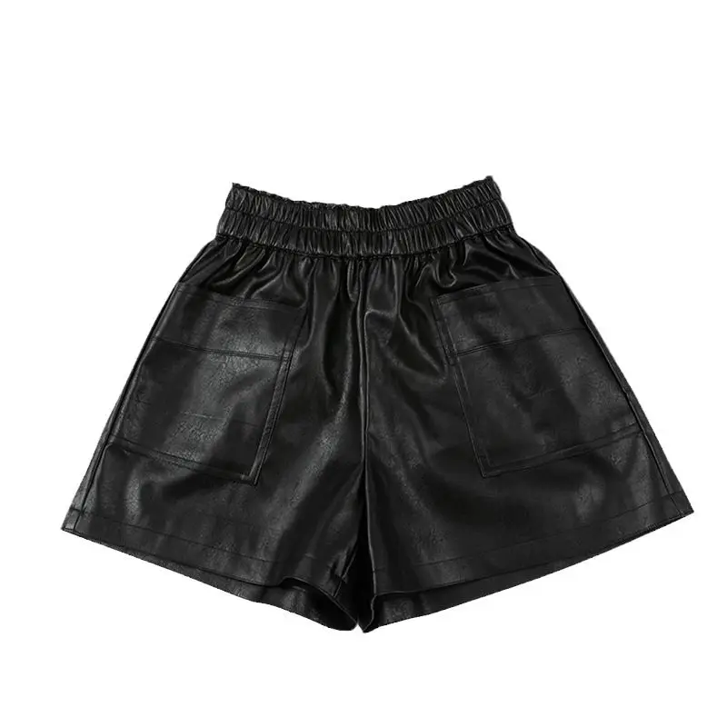 

High Waist Lace-Up Shorts Flower Bud Wide Leg PU Leather Shorts Autumn Winter Korean Loose High Street Black Sexy Women Shorts