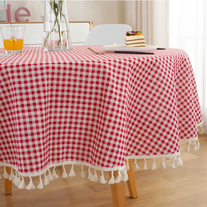 TABLECLOTH AROUND-Cotton Linen Tassel Tablecloth, Plaid Round Tablecloth, Red Striped Lattice Table Map, Wedding Cloth Cover