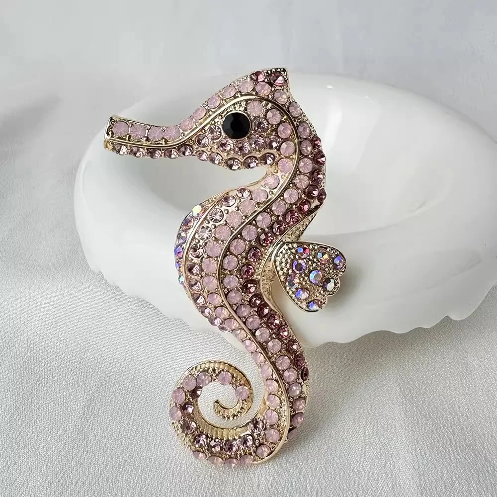 Trendy Cute Rhinestone Sea Horse Brooches For Women Creative Cartoon Hippocampus Animal Brooch Pin Pendant Accessories Jewelry