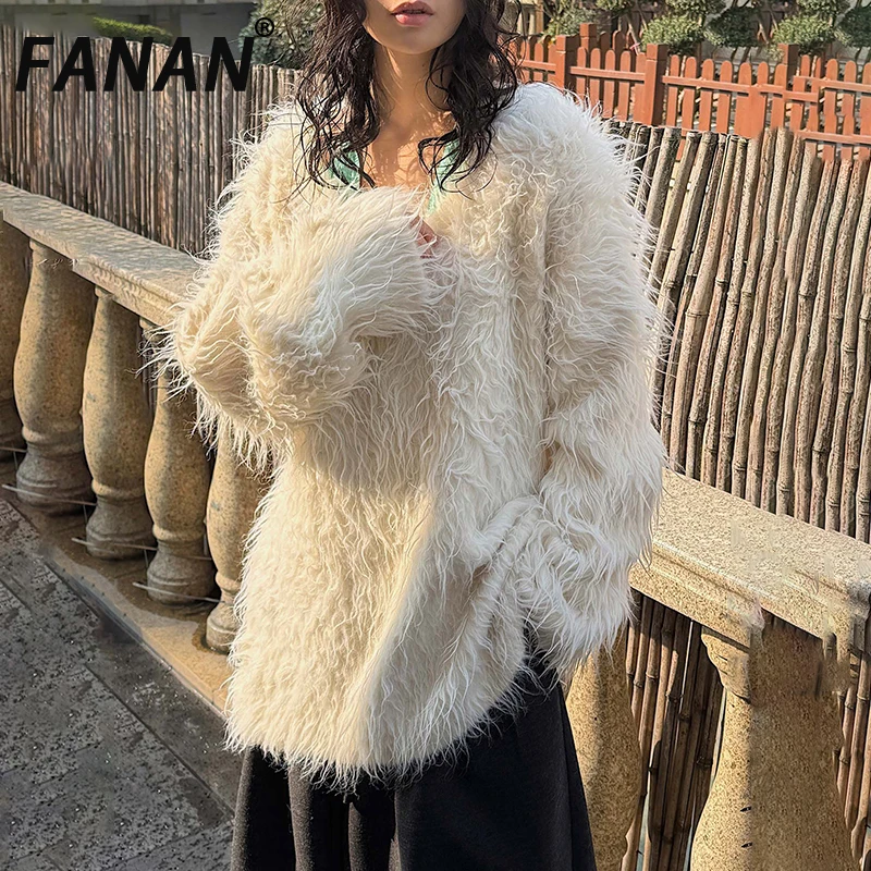 

FANAN Korean Style Wool Knitting Pullover Sweater For Women V Neck Long Sleeve Loose Warm Tops Female Clothing 2025 Winter New