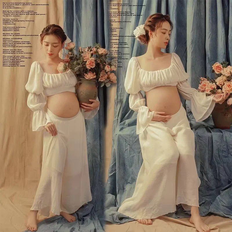 Women Photography Props Maternity Dresses Pregnancy White Full Sleeve Top Pants 2pcs Set Studio Shooting Photo Shoot Clothes - view 5