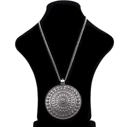1 x Tibetan Silver Metal Abstract Boho Large Round Flower Medallion Jewelry Pendant Necklaces on Long Link Chain Lagenlook 34