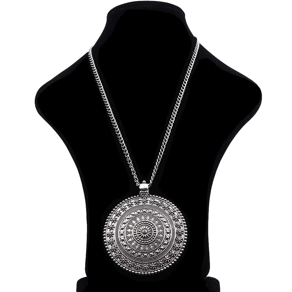 1 x antyczne srebro Metal abstrakcyjne Boho duży okrągły kwiat medalion naszyjniki biżuteria wisiorek na długi łańcuch Link Lagenlook 34"
