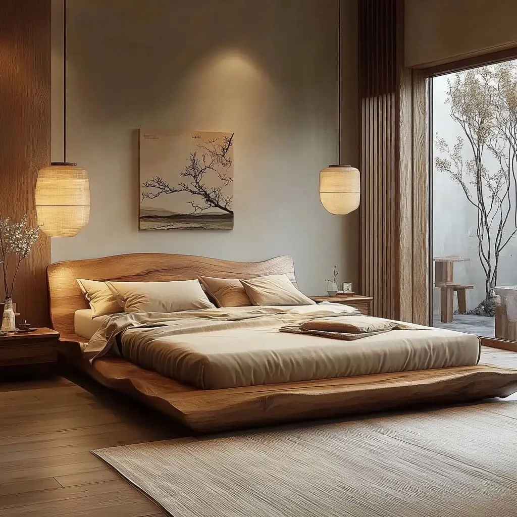 Geometric wooden wabi-sabi style solid wood bed - double bed