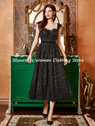 Sexy V-neck Formal Party Prom Dress Open Back Sequins Wedding Party Dress Lace Bridesmaid Dress Black Graduation Dress