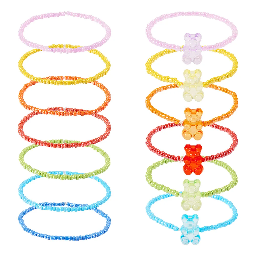 Jelly Bear Beaded Elastic Bracelet Colorful Acrylic & Glass Seed Bead Bangle for Children Schoolgirl Jewelry Making Party Gift