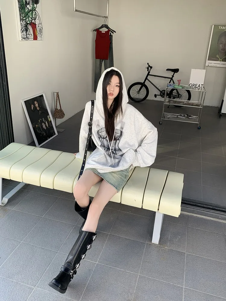 Flower Gray Hooded Sweatshirt For Women'S Spring And Autumn New Style Dance Skirt With Printed Design, Loose Shoulder Top