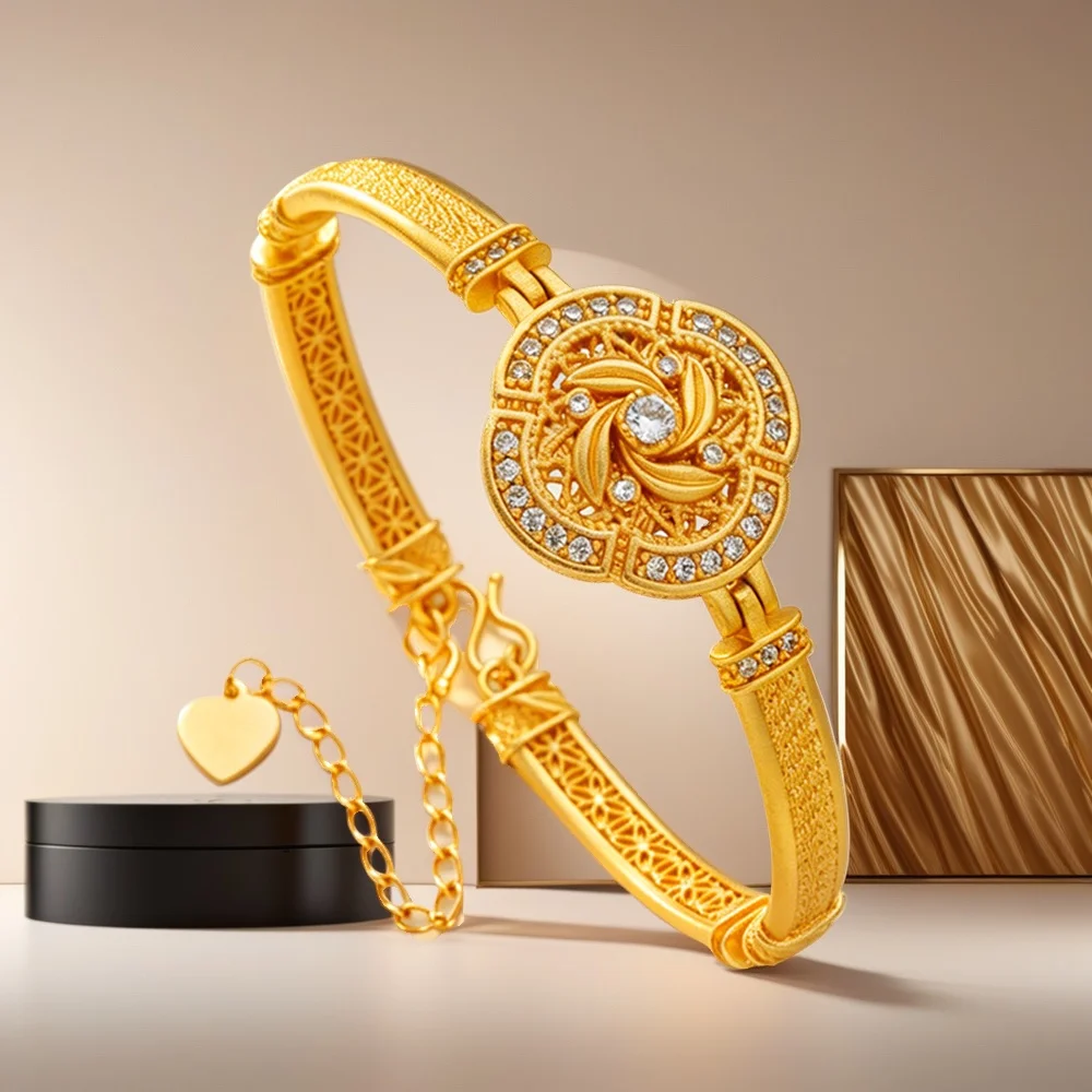 Bracelet en or massif 24 carats 999 pour femme, style vintage, filigrane, zircon, réglable, avec chaîne d'extension en forme de cœur, cadeau d'anniversaire pour sa meilleure amie