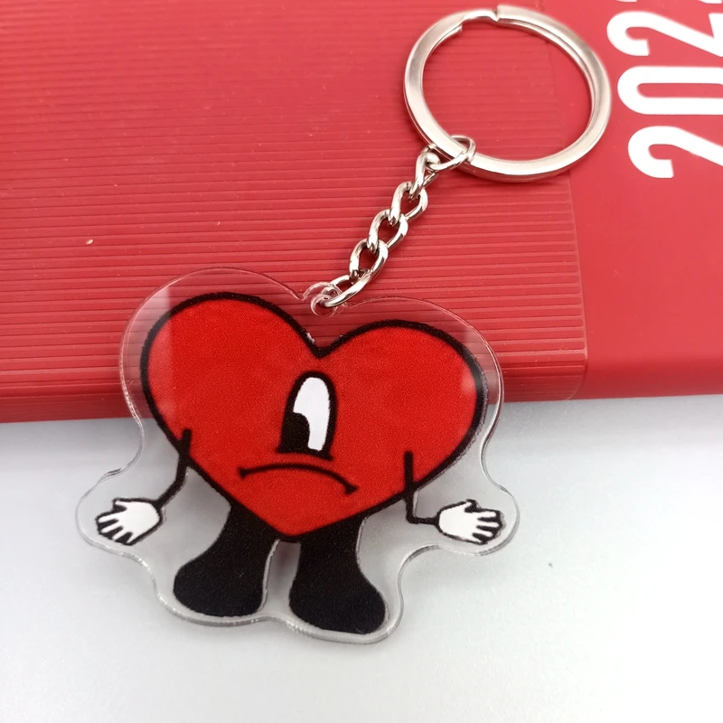 Funny Bad Bunny Red Heart Rapper Acrylic Keychain Hip Hop Music Singer Key Ring Lanyard Fan Collection Clothes Bag Accessories