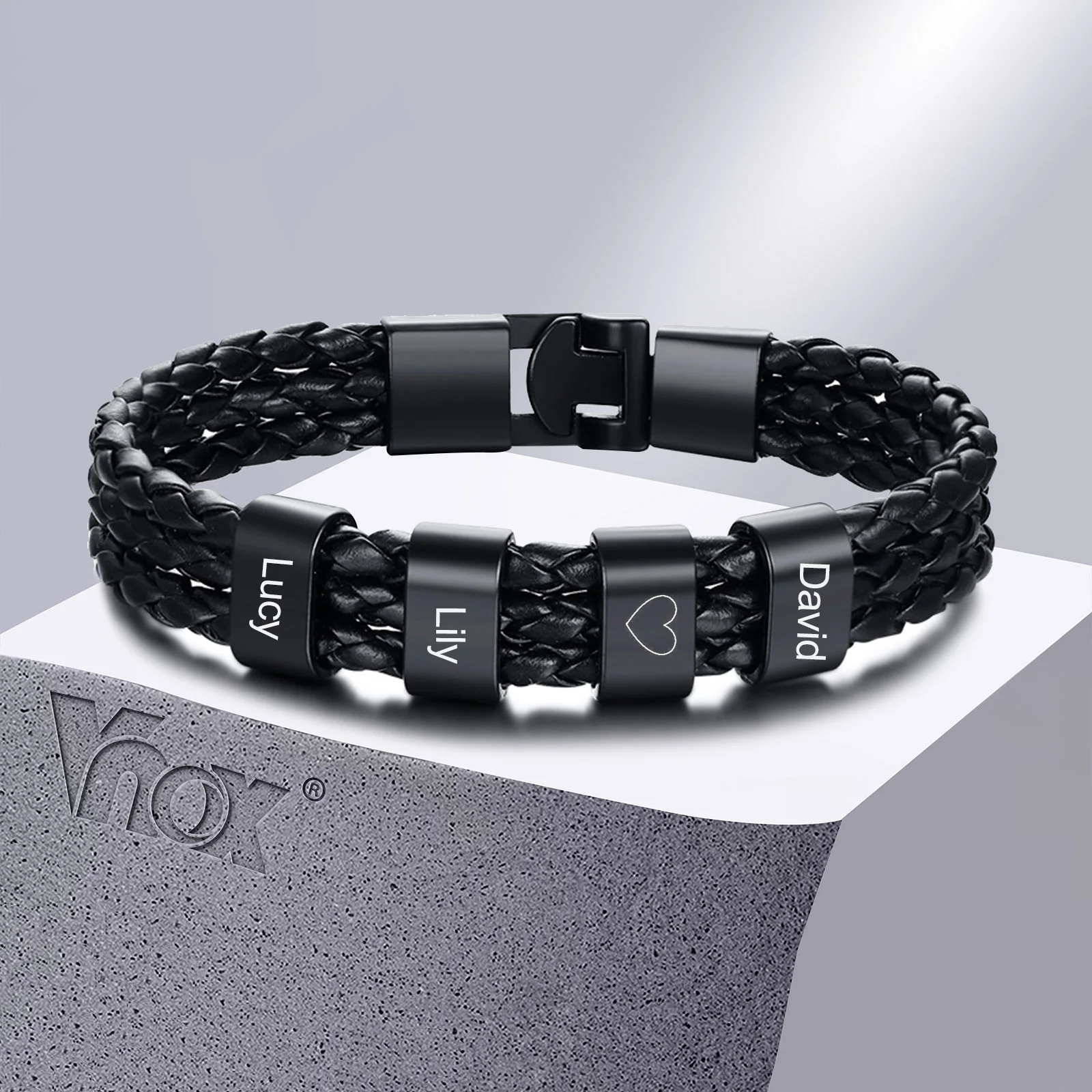

Vnox Custom Family Names Bracelets for Men, Black PU Leather Bangle with Name Beads, Love Gift