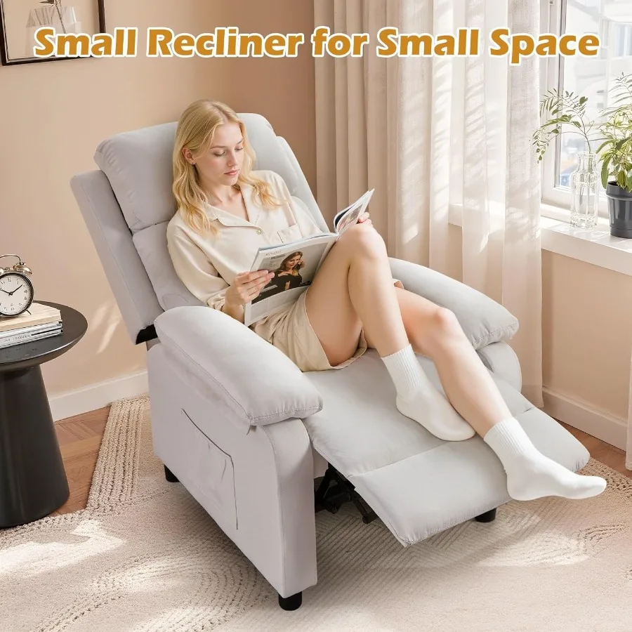 Sedia reclinabile per adulti Sedia da lettura imbottita con sedile profondo con tasche laterali Piccole poltrone reclinabili per piccoli spazi Sedia regolabile per