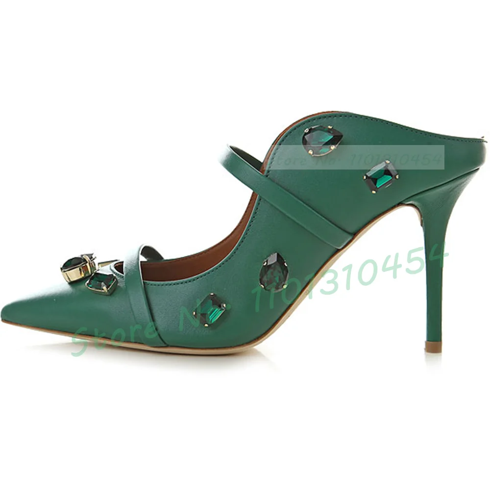 Green Jewel High Heels Mules Women Pointed Toe Thin Strap Luxury Crystal Leather Shoes Summer White Wedding Bare Heel Sandals