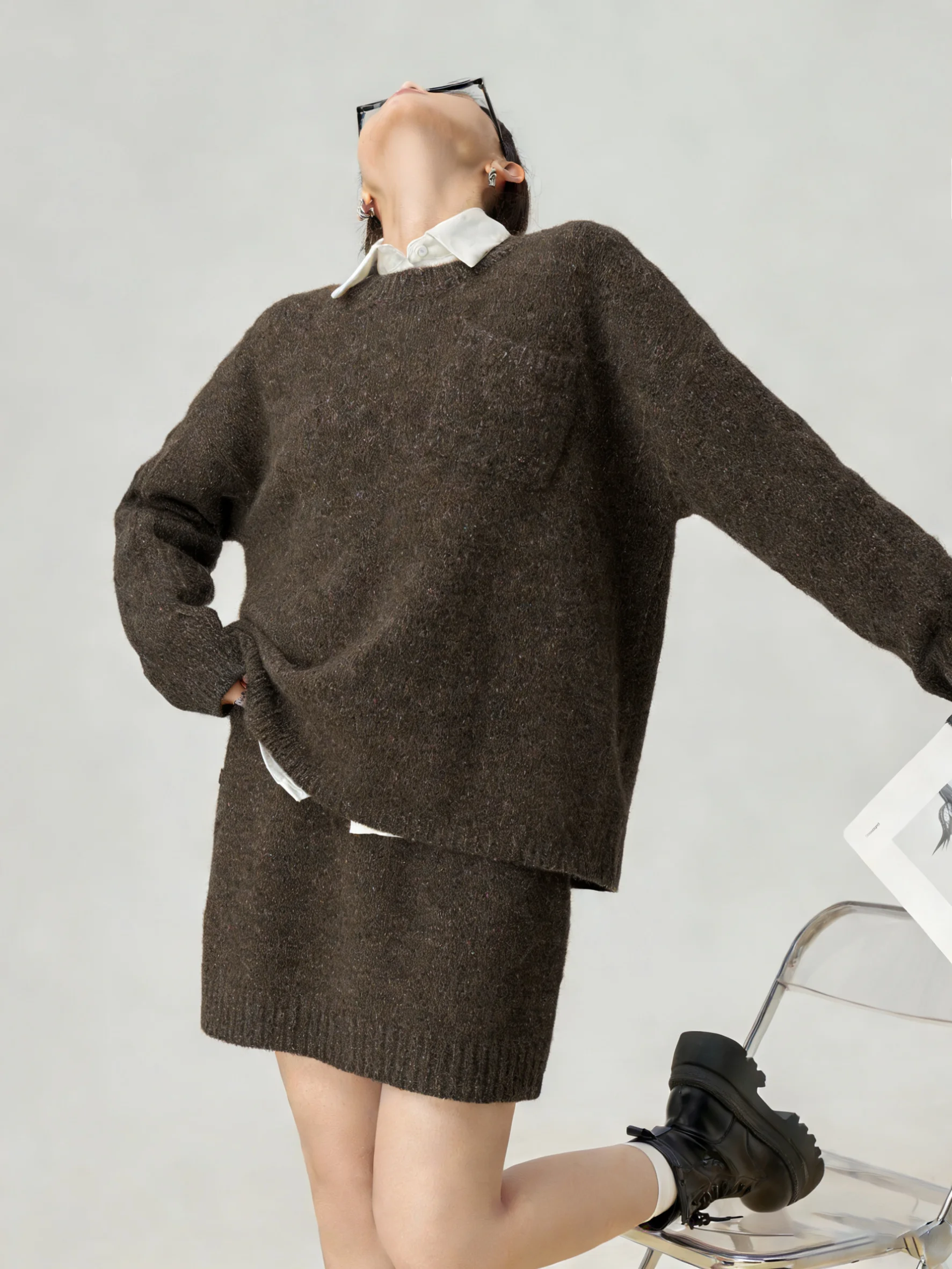 

Retro Coffee Color Floral Mixed Knitted Sweater Dr Set Women's Korean Sle Chic Unique Beautiful Small Set Casual Spring