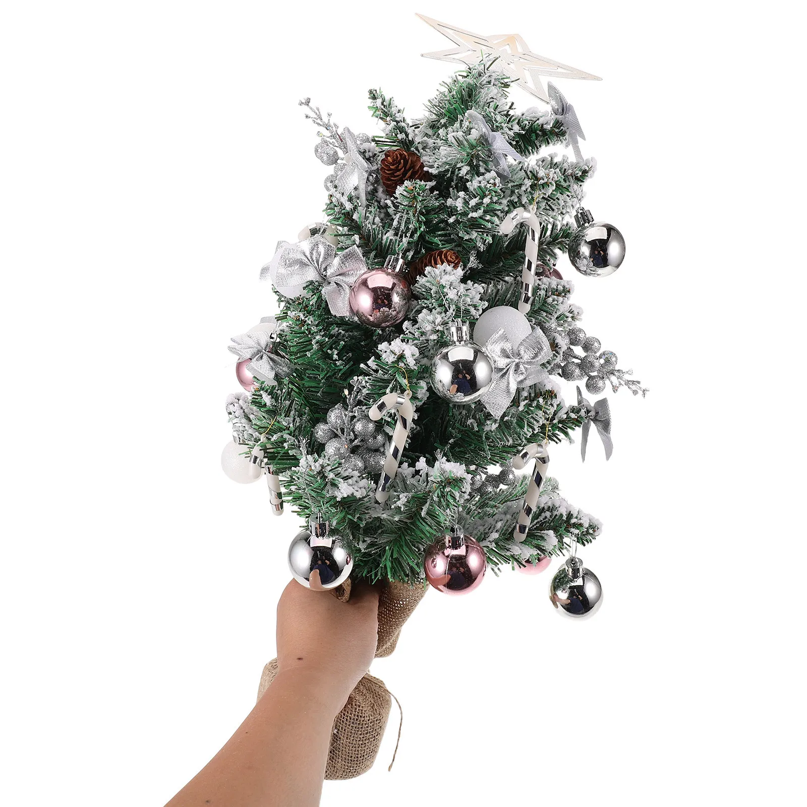 

Small Artificial Christmas Tree Mini Tabletop Flocked Pine with Silver Accents for Holiday Table Mantel Desk Decor Festive Vibe