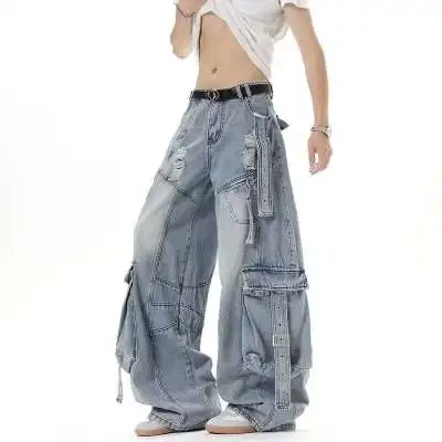 

American Style Men's Jeans Solid Color Multi Pockets Casual Worn-out Trousers Deconstruction Wide Leg Denim Pants
