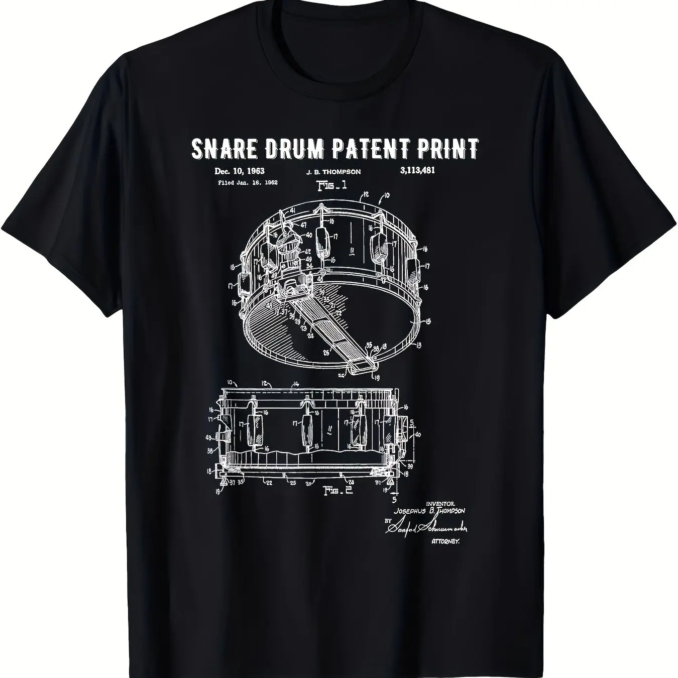 Men's Retro 1963 Military Drum Patent Art Instrument Design T-shirt Suitable for Drummers and Music Enthusiasts