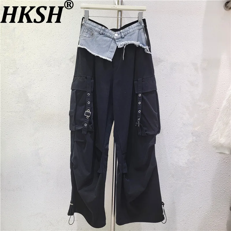 

HKSH весна осень новые женские брюки-карго искусственные двухсекционные джинсовые лоскутные контрастные цвета винтажная уличная одежда элегантная повседневная HK13408