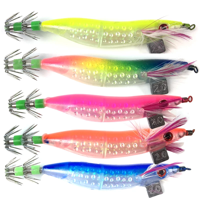 

‌5PCS Luminous Squid Jigs Hard Fishing Lures - Stainless Steel Saltwater Shrimp Baits with 3D Glow Eyes