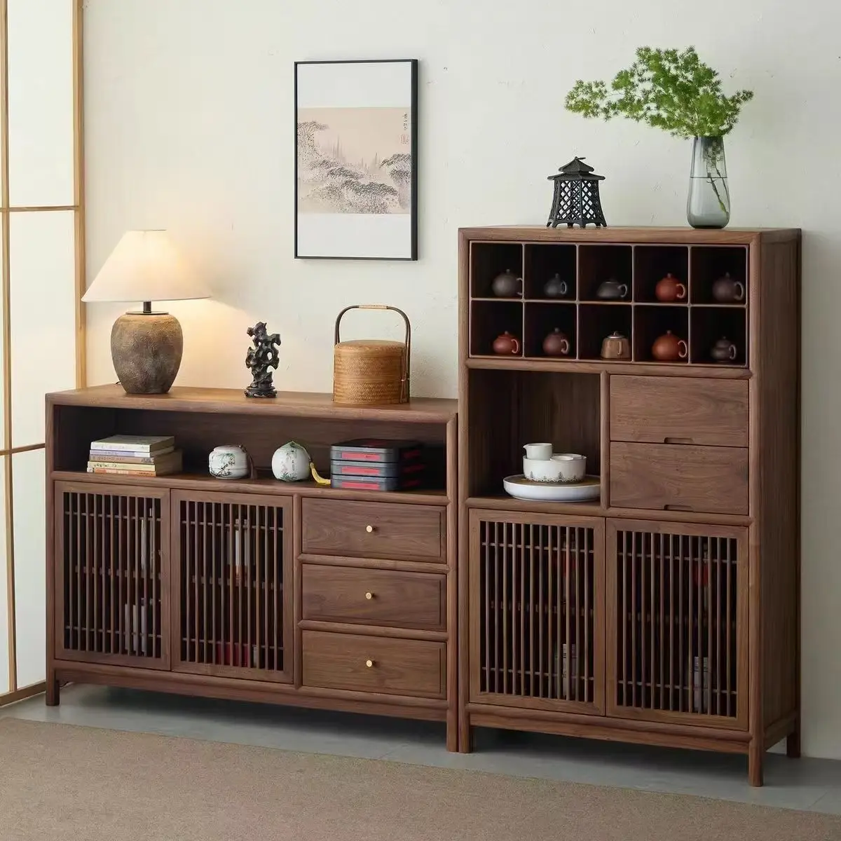 YJQ Chinese solid wood dining side Zen living room tea storage tea room tea storage entrance display cabinet