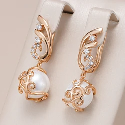 Kinel Hot Pearl Long Drop Earrings For Women Trendy 585 Rose Gold Color Natural Zircon Vintage Flower Wedding Fine Daily Jewelry