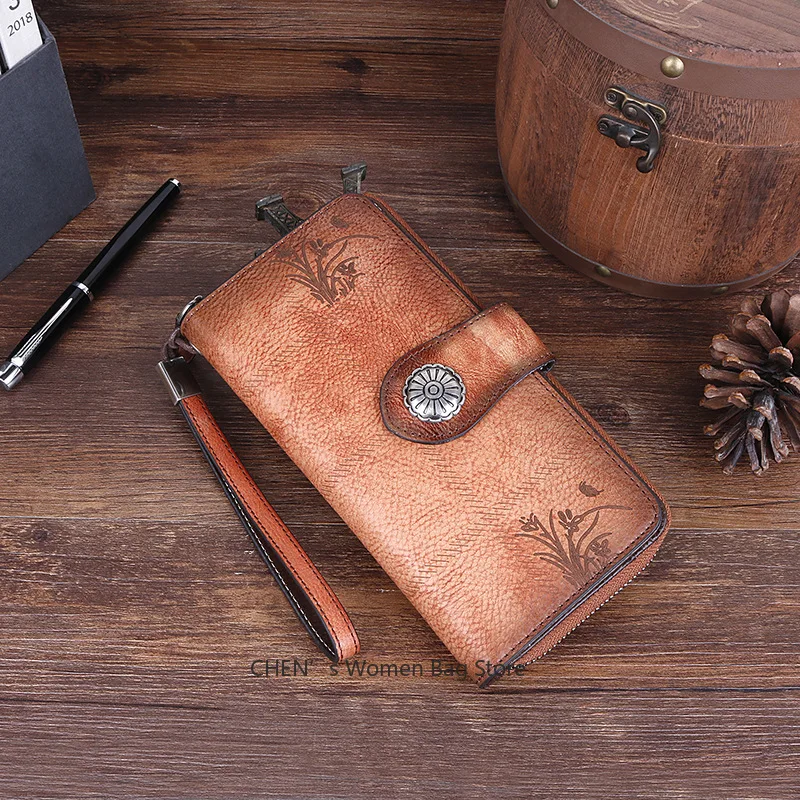 

Retro Genuine Leather Women Wallet ID Credit Cards Holder Multi Purpose Female Wrist Clutch Bags Long Luxury Purse