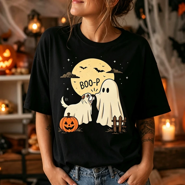 Funny Boo P Ghost Dog Halloween Tshirt Spooky Moon Pumpkin Puppy Print Casual Short Sleeve Tee Men Women Halloween Tops