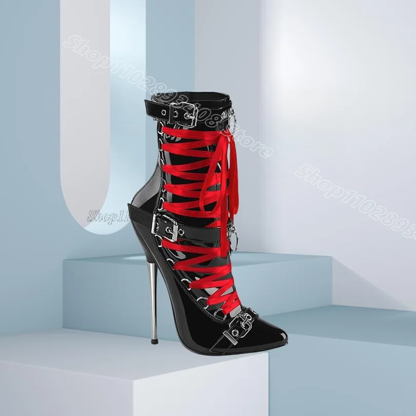 

Black Cross Band Metal Heels Boots British Style Fashion Design for Women Dress Party Sexy Short Boots 2025 Zapatos Para Mujere