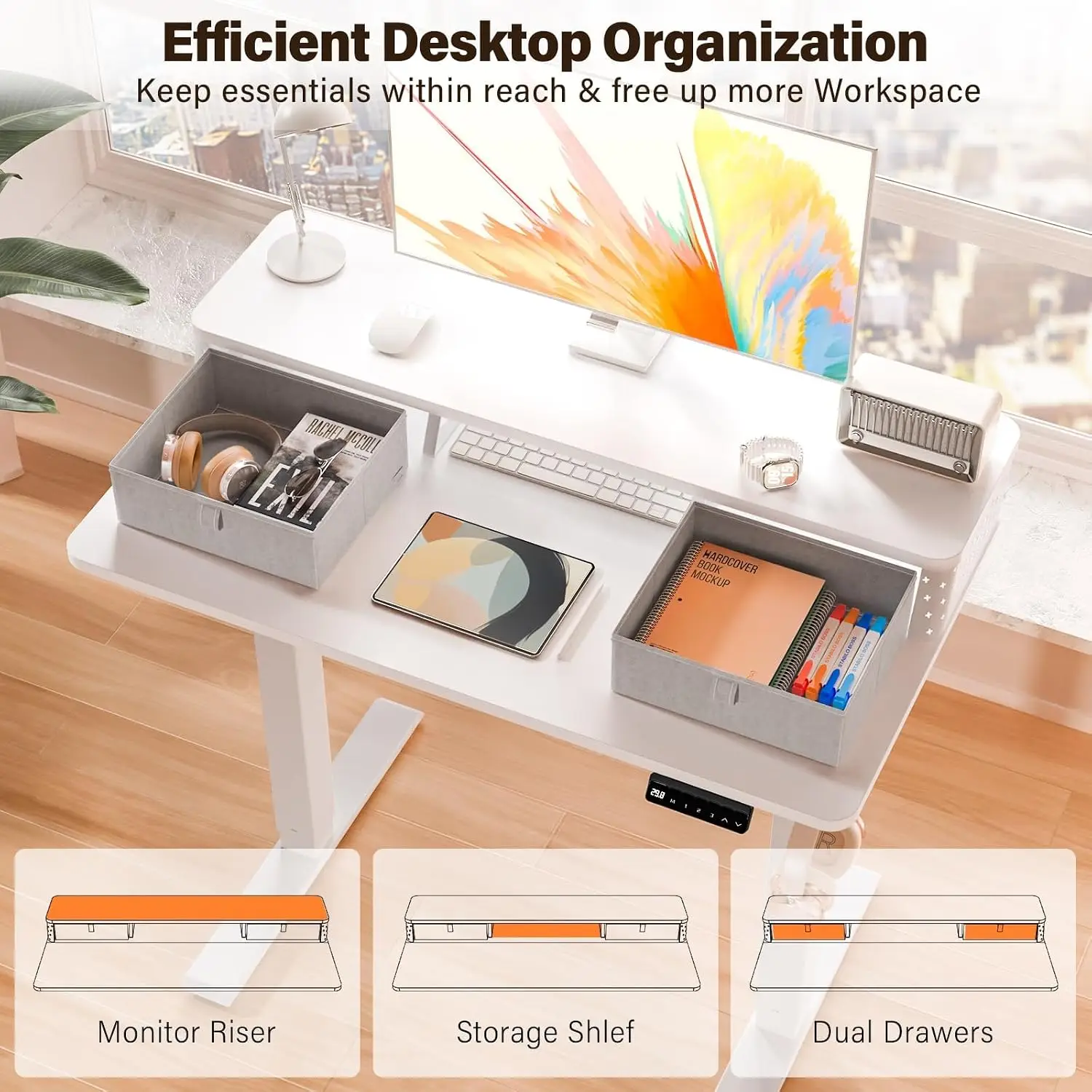 35x20 Inch Electric Standing Desk with Dual Drawers, White, Customized