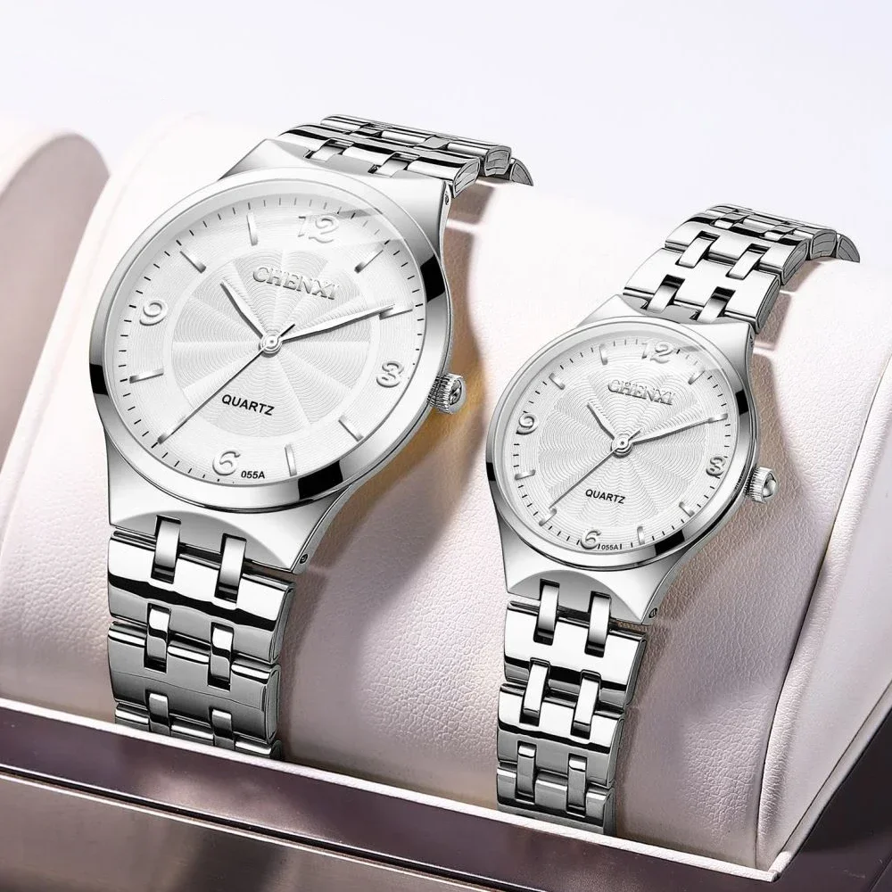 Jam tangan 2024 CHENXI Pria Wanita, arloji Quartz kasual Stainless Steel tanggal tahan air Analog