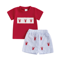 Toddler Baby Boy Summer Outfit Lobster Crawfish Embroidery Short Sleeve T-Shirt Top Striped Shorts Set Ocean Clothes
