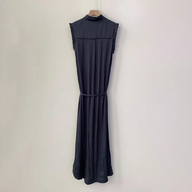 Zadig Vintage Robe Women Fashion Navy Blue Sleeveless Casual Long Dress Female Spring Summer Fashion Crew Neck Ladies Long Robes