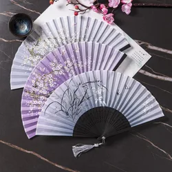 1Pc Chinese Style Folding Hand Fan High Quality Large 38cm Wide Vintage Fold Fan Traditional Crane with Tassel for Hanfu Qipao