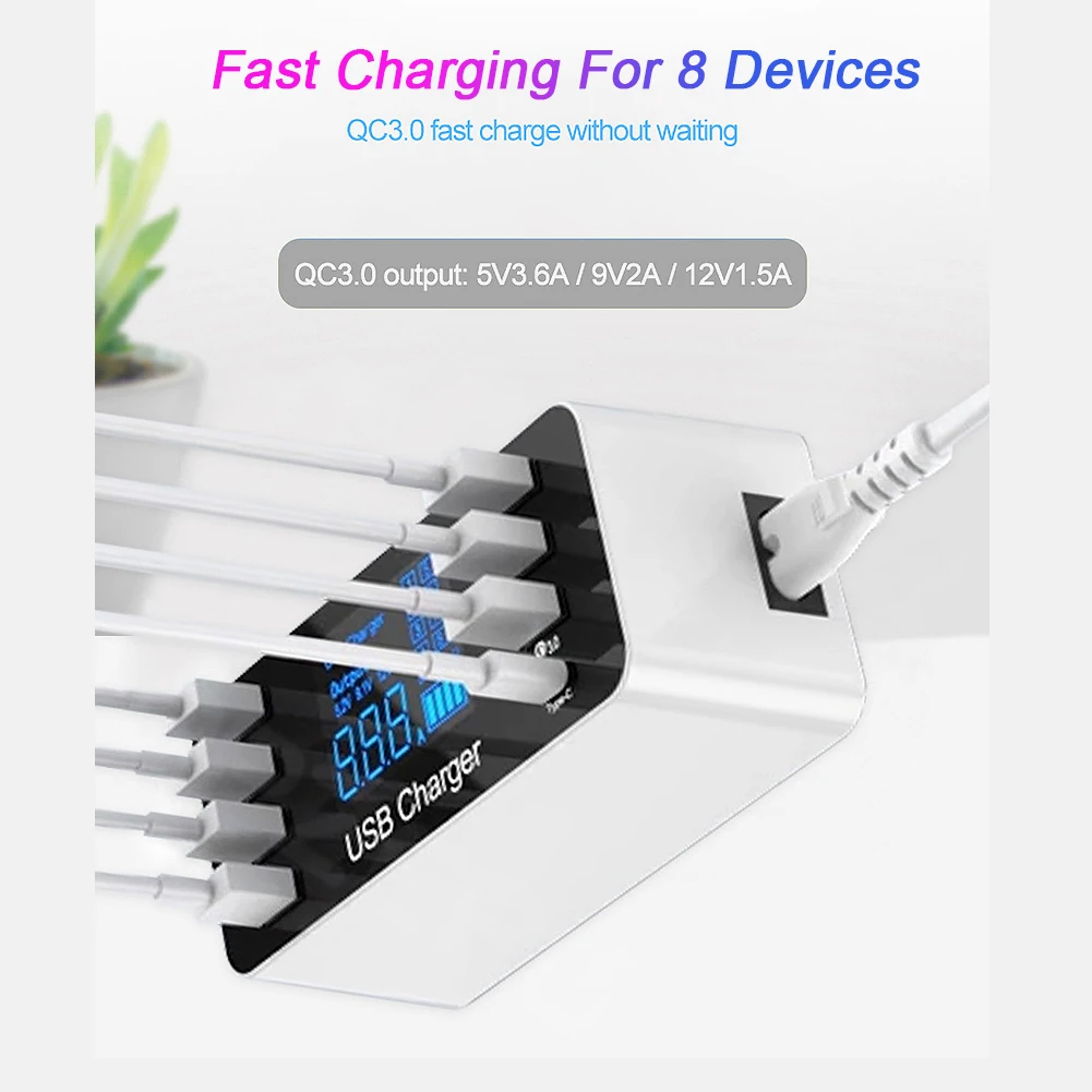 8A 40W USB Charger Hub 8 Ports Smart QC3.0 Quick Charge Type C Desktop Charge Station Led Display for iPhone Huawei Samsung