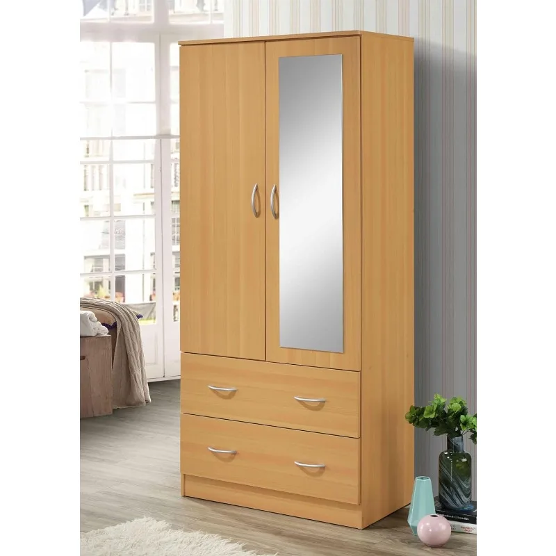 2 Door Wood Wardrobe for Bedroom with Hanging Clothing Rod inside the Cabinet and 2 Drawers for Storage Organization