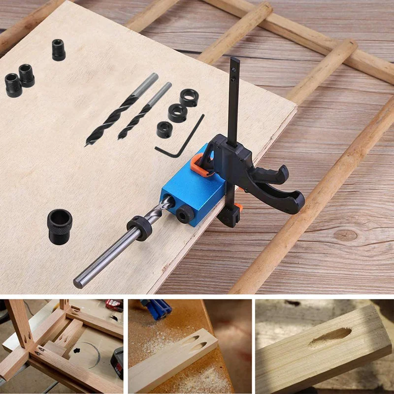 Imagem -04 - Carpintaria Oblíqua Buraco Locator Bolso Jig Kit Broca Guias Joint Angle Adaptador de Unidade Ferramenta de Carpintaria 15 Graus