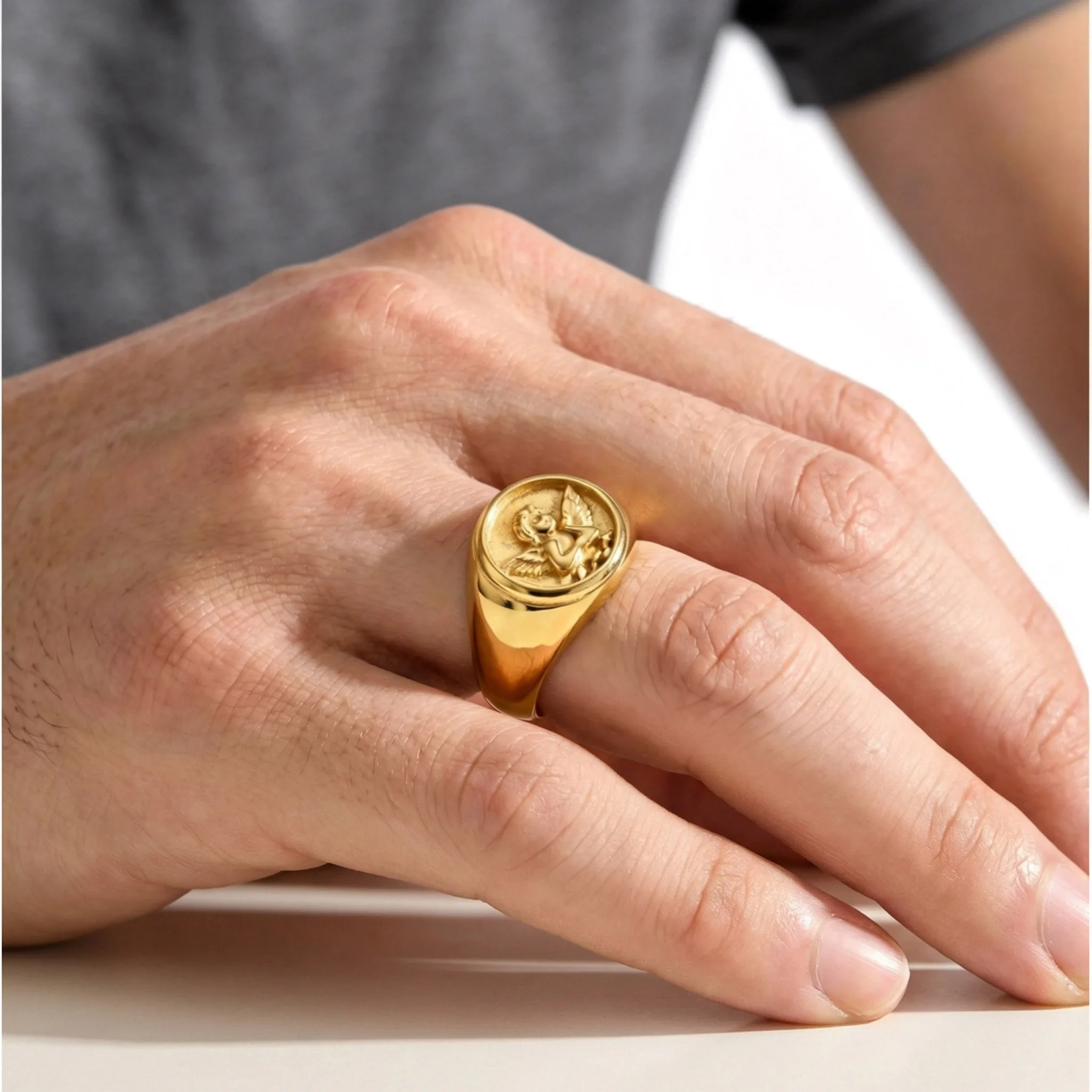 Cupid Signet Ring for Men,Gold Plated Stainless Steel Finger Ring Statement Ring,Punk Vintage Jewlery Gift