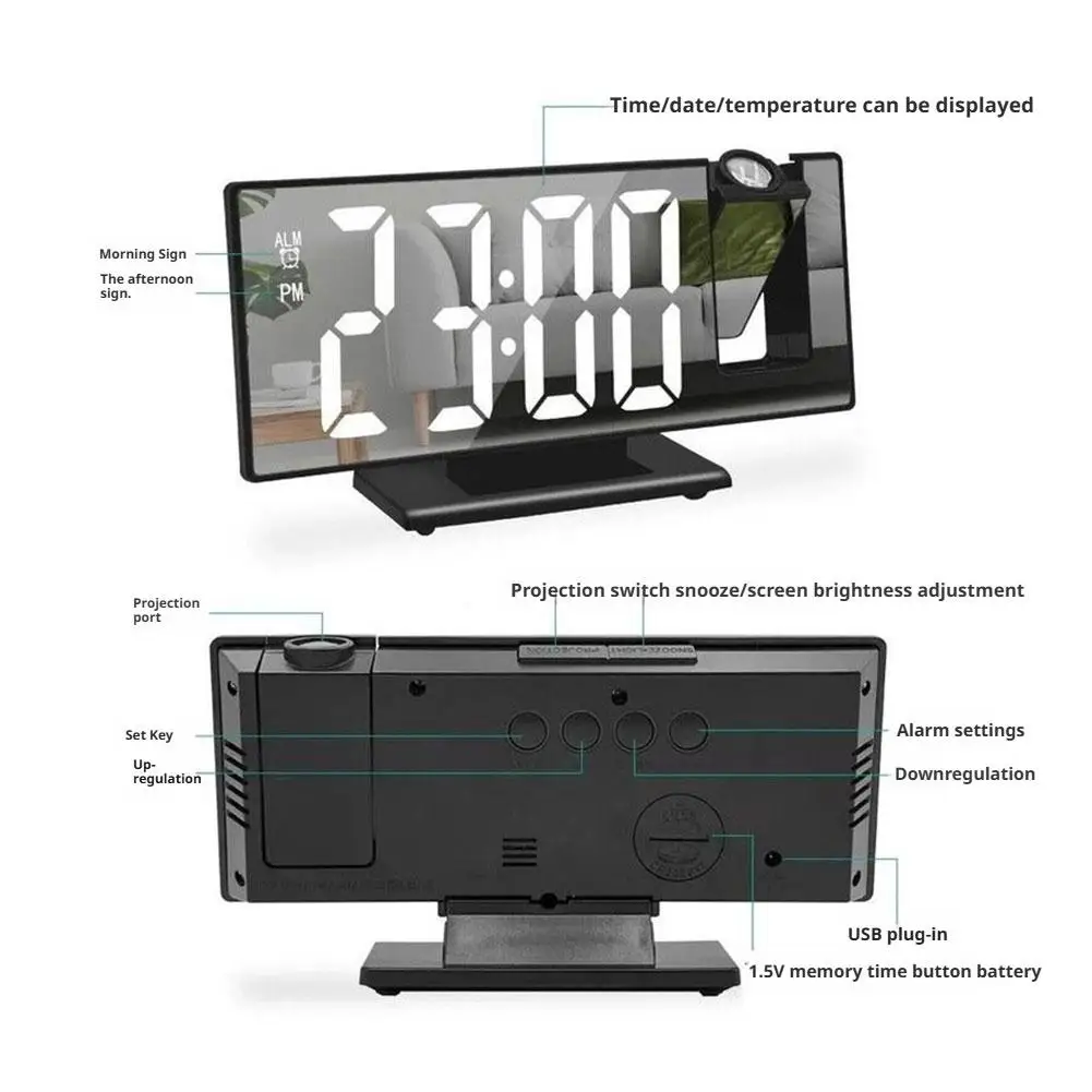 الإسقاط على مدار الساعة العارض عرض الخلفية غفوة ساعة السقف مع ساعة درجة حرارة الوقت للمنزل LED منبه رقمي على مدار الساعة #6