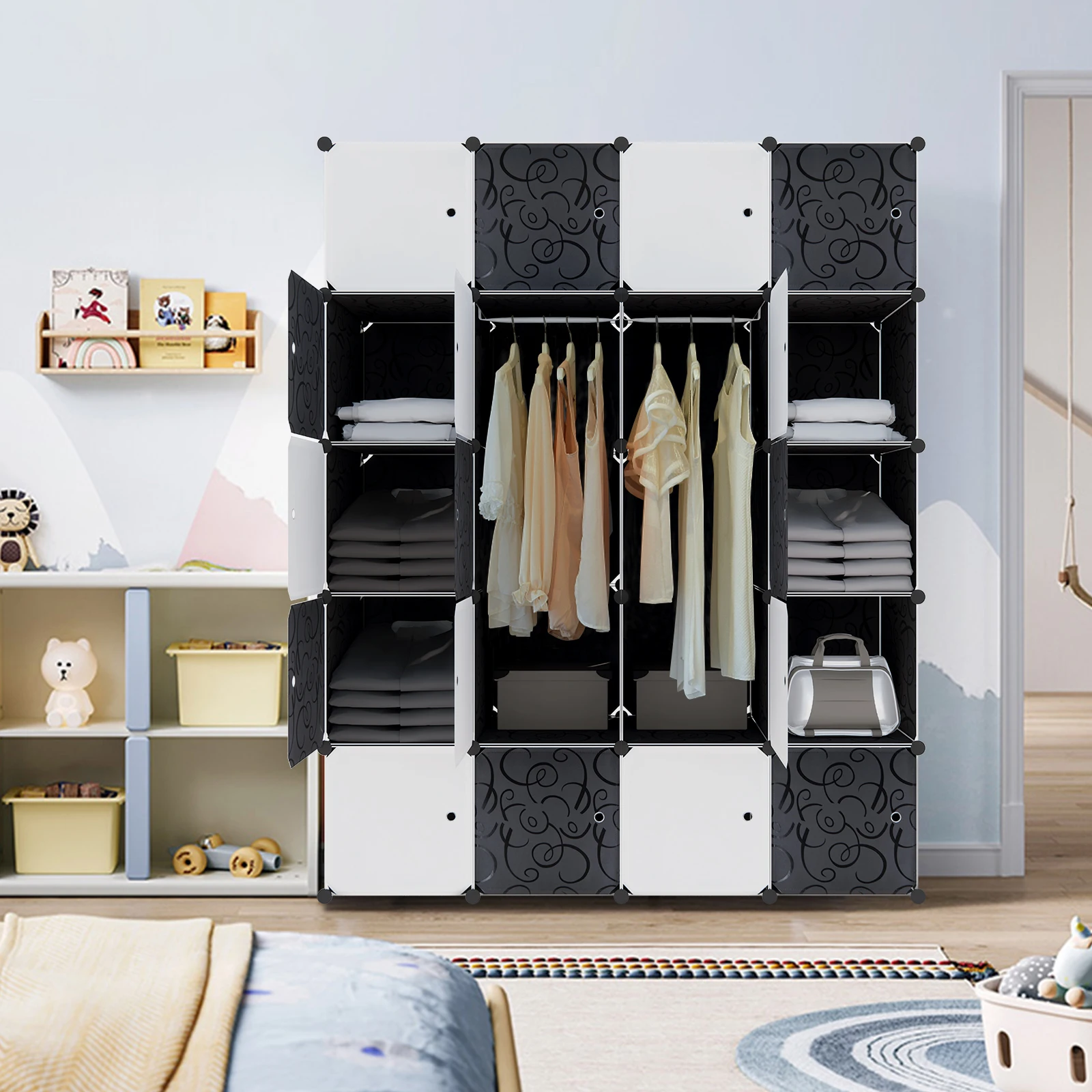 Armadio per vestiti bianco/nero/nero e bianco, sistema di scaffalature in plastica fai-da-te, armadio con ripiani a incastro, sistema di scaffalature a incastro con porta, armadio in plastica