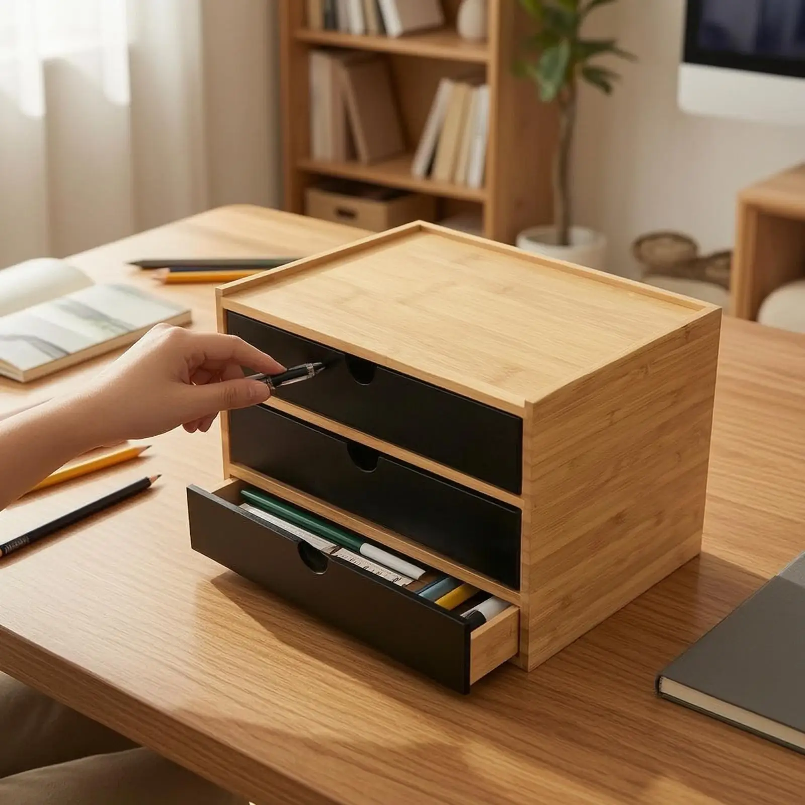 Bamboo Desk Organizer with Drawers 3-Drawer Desktop Organizer with Drawers Compact for Professionals, Students, Nightstand,