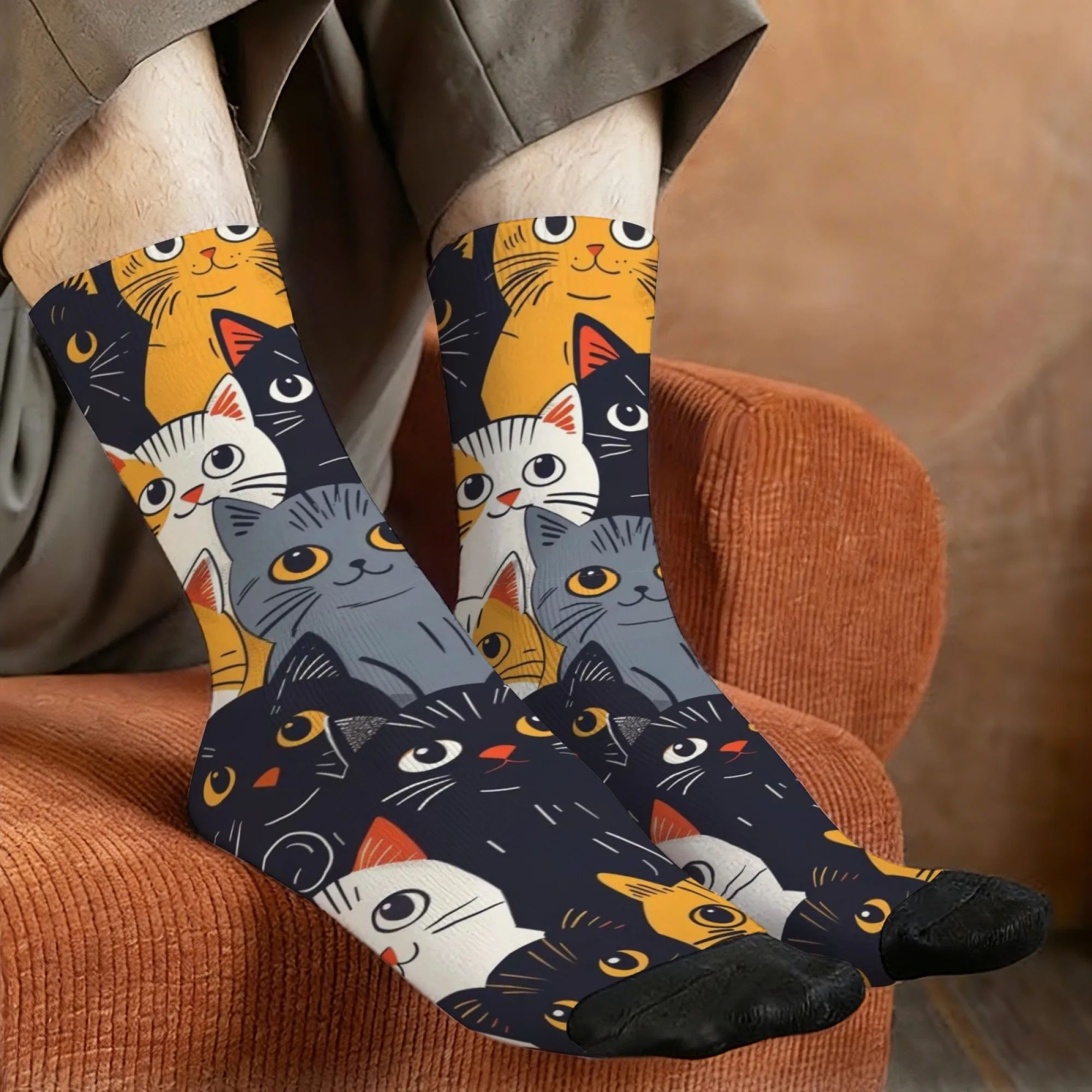 Adorable All-over Cat Print Men's Mid-calf Socks Black Unique and Warm Style Soft Comfortable Perfect Sock Gift for Cat Lovers