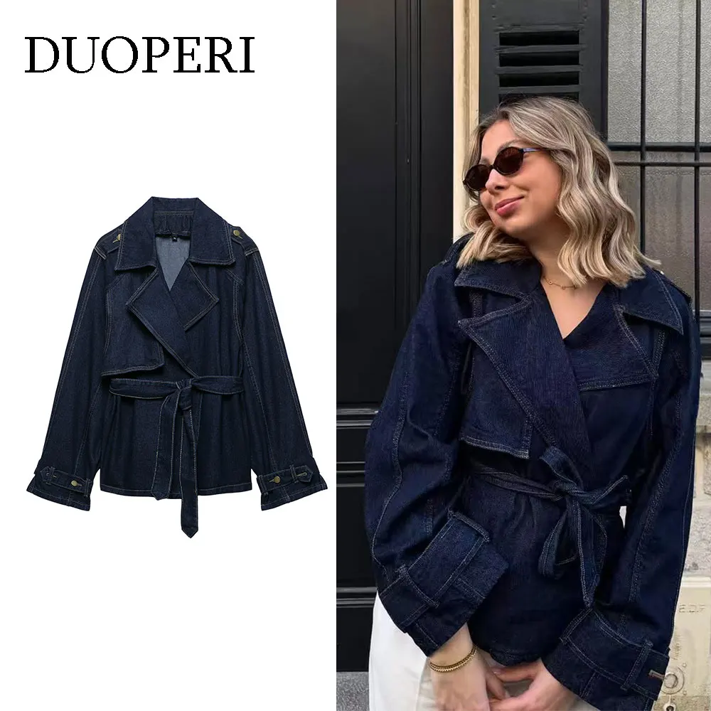

DUOPERI Women New Tops Fashion With Belt Denim NavyBlue Jackets Lapel Neck Long Sleeves Elegance Female Chic Lady Outfit