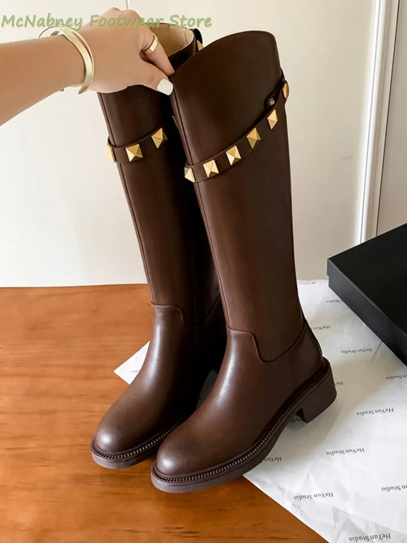 

Britain Belt Buckle Studded Women's Boots Black Round Head Low Heels Knee-High Boots Zipper End Luxurious Women's Boots