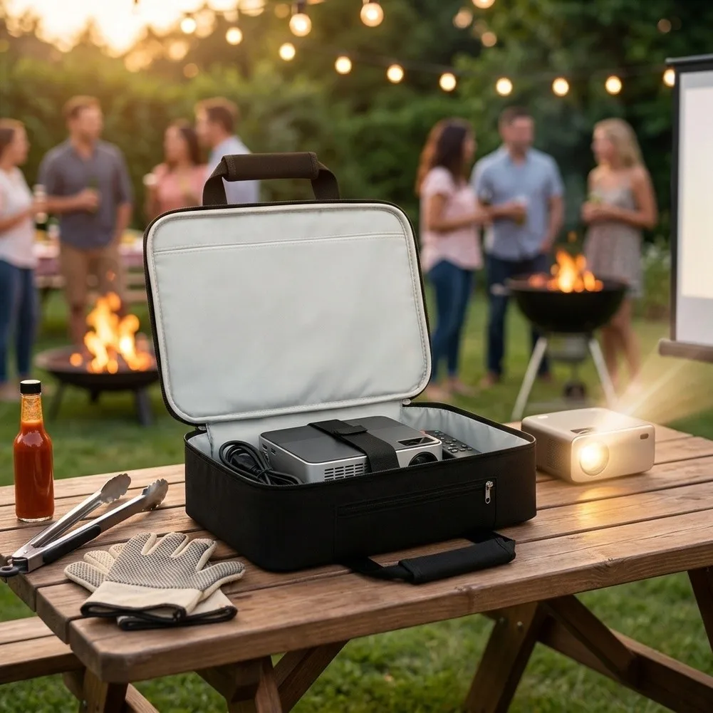 Black Waterproof Storage Bag for Projector and Accessories for Outdoor BBQ Parties 36x28x10cm Polyester Material