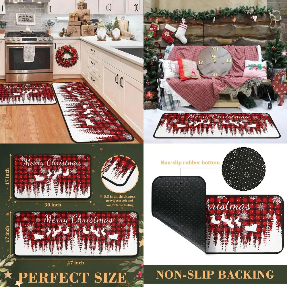 

Red Merry Christmas Kitchen Rugs Set, Buffalo Plaid & Snowflake Design, 17x47 and 17x30 for Winter Holiday Home Decor