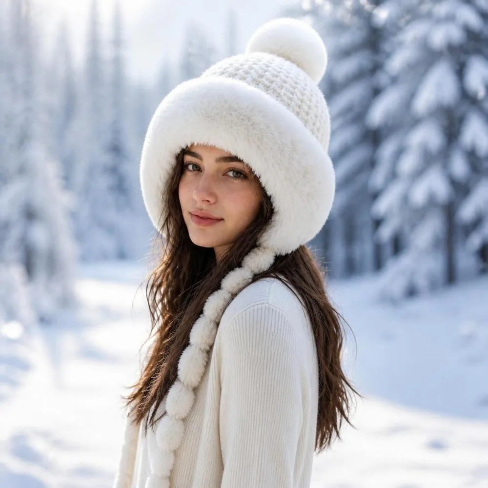 Fashion Thickened Beanie Cap with Straps Solid Color Knitted Hat Fleece Lined Cold Protection Ear Protection Hat Winter
