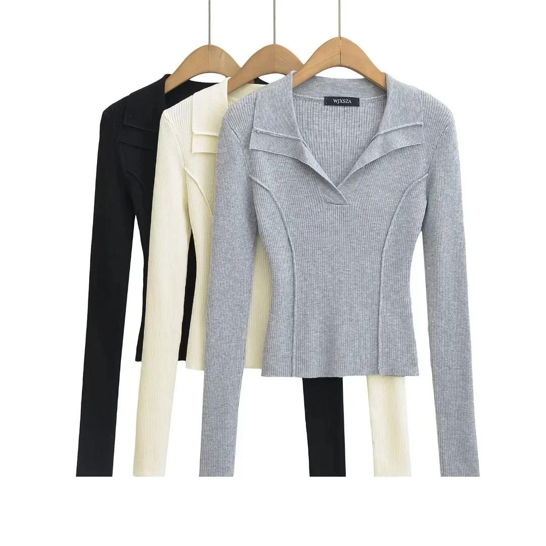 

Ay Вязаный свитер с откидным воротником и длинным светом, женский весенне-осенний утягивающий пуловер с дизайном для поездок на работу