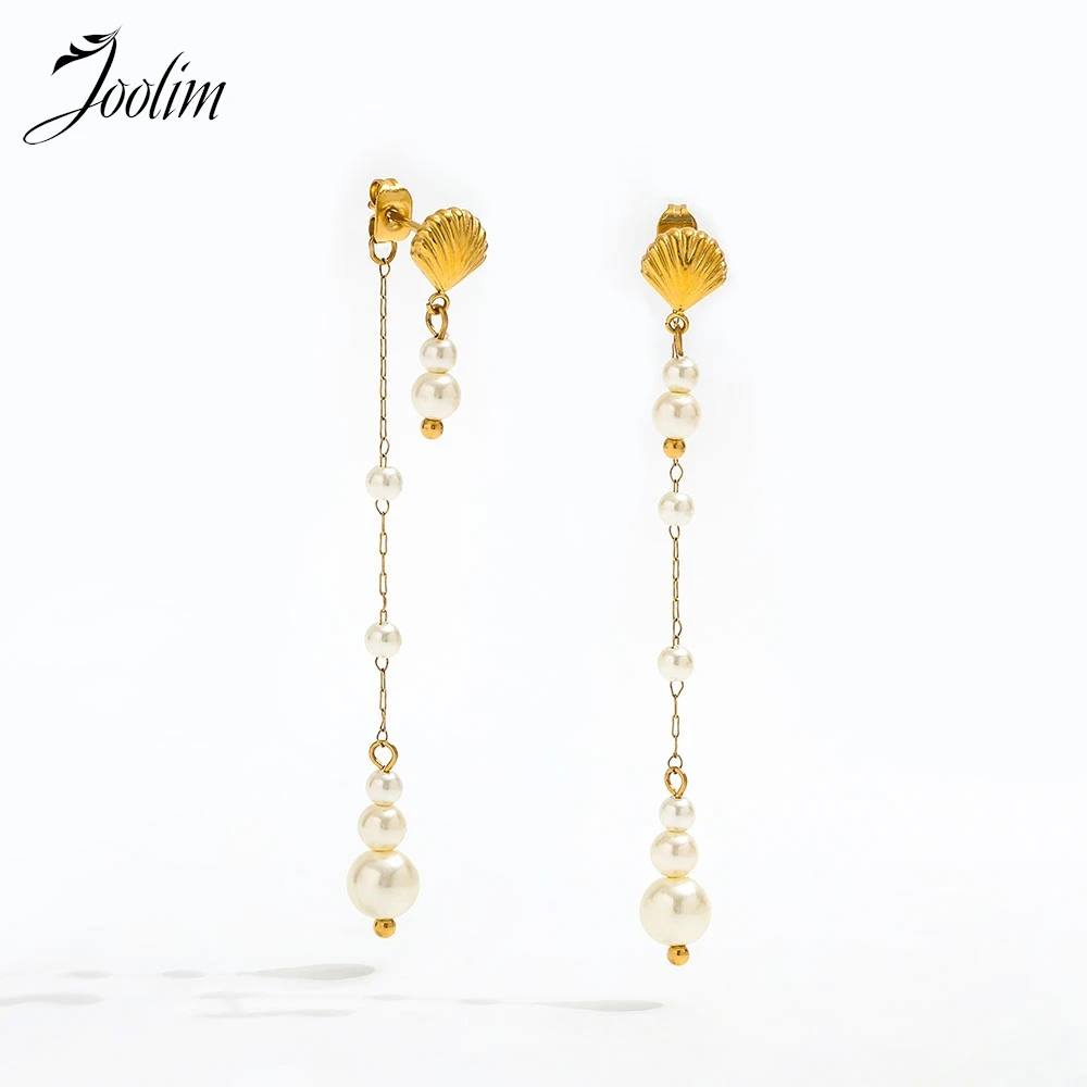 

Joolim Jewelry High Quality PVD Wholesale No Fade Antique Long Fringe Pearl Shell Dangle Hoop Stainless Steel Earring for Women