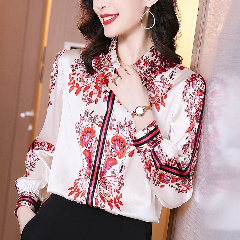 

Spring Summer Women Floral Print Shirt Elegant Turn-down Collar Long Sleeve Loose Tops Natural Real Silk Female Satin Blouse